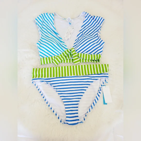 🐠BLEU ROD BEATTIE TIE FRONT CAP SLEEVE BIKINI TOP & FOLDOVER BOTTOMS SIZE 12 - Picture 3 of 9